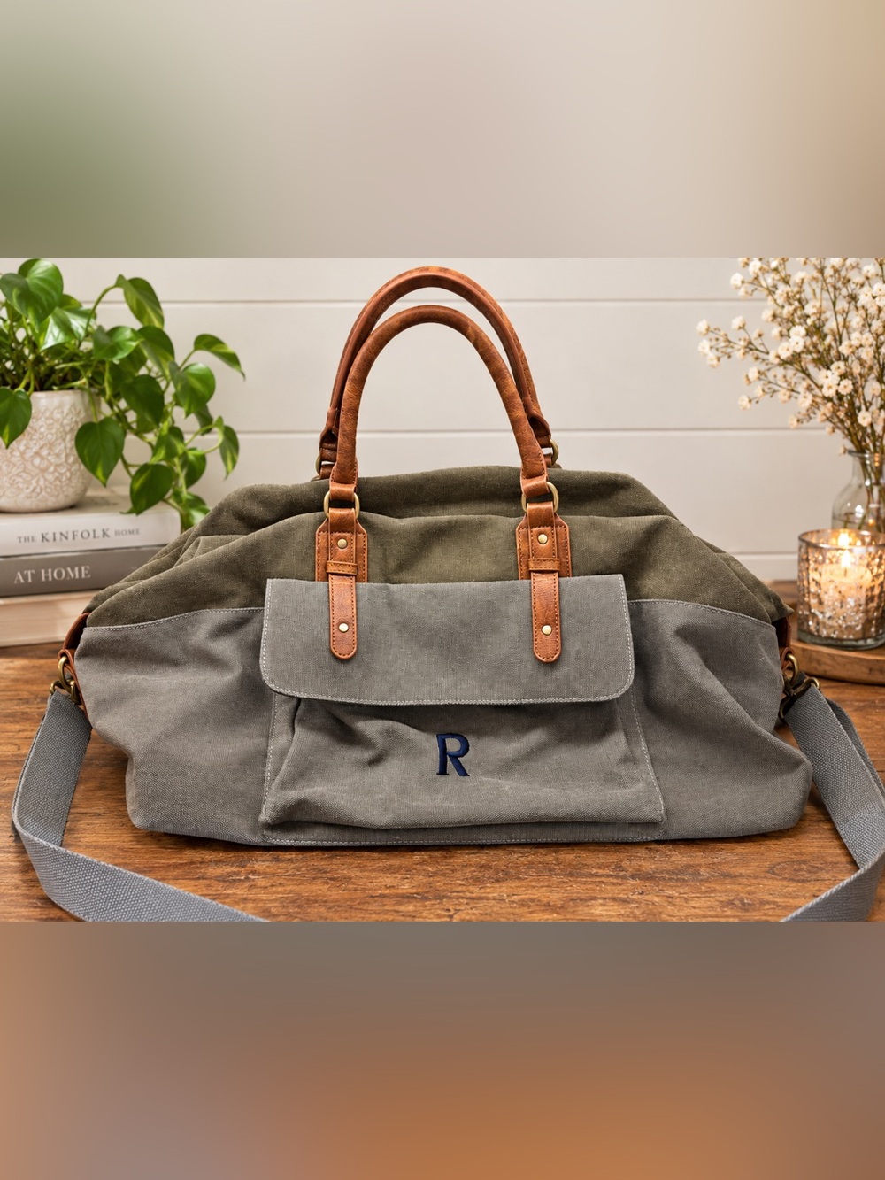 Canvas Travel Weekender Bag with Faux Leather Handles - Olive & Gray